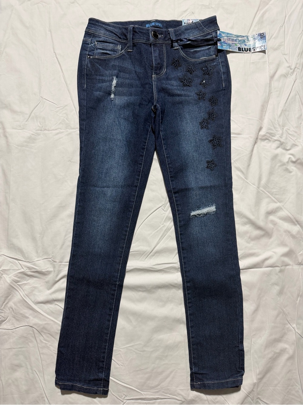 NWT Blue Spice Skinny y2k Jeans girls 10 Dark Wash Distressed Rhinestone Stars